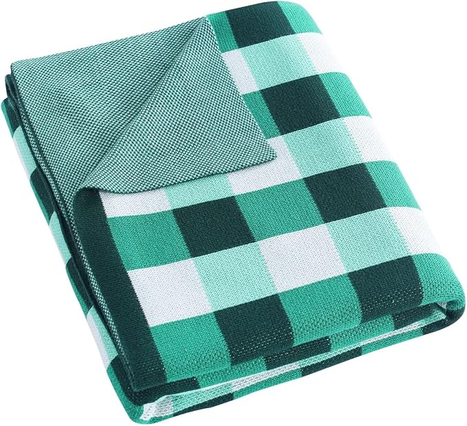 BOV Knit Checkered Throw Blanket - 100% Viscose Silky Super Soft Breathable Lightweight Summer Blanket for Chair Couch Sofa, Perfect Self Care Gifts for Women, Fern Green 50"x60"