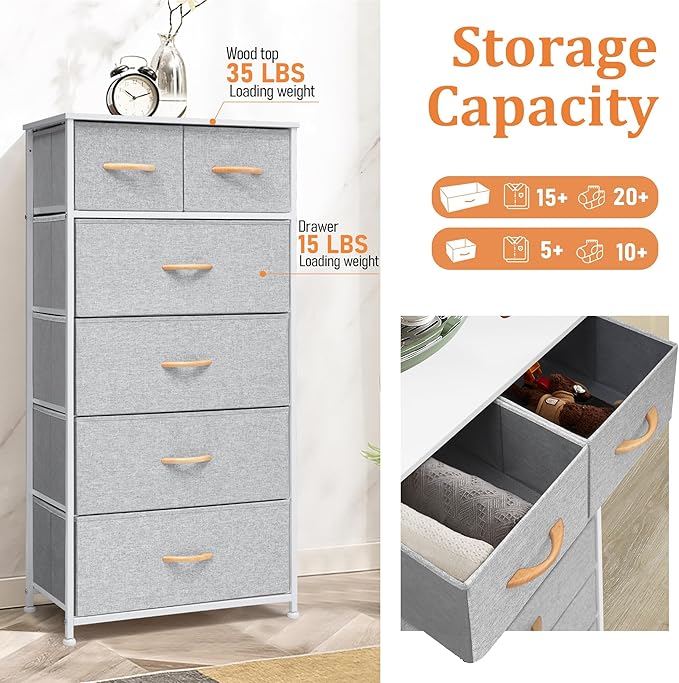 Fabric Dresser for Bedroom, Tall Skinny Dresser with 6 Drawers, Storage Organizer Tower, Steel Frame Wooden Top for Closet, Living Room, Hallway(Light Gray)