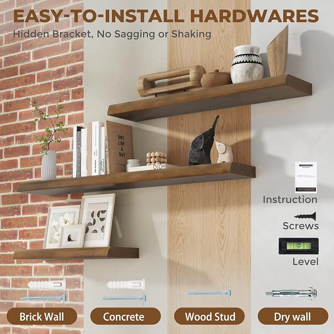 RICHFOCUS Live Edge Wood Floating Shelves for Wall 24" Natural Solid Wood Wall Mounted Shelf|8 Inch Deep Wooden Floating Shelves with Invisible Bracket for Bathroom Kitchen Room|2Pcs, Walnut