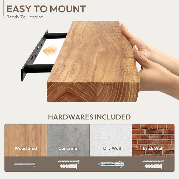 Marsmiles 24 inch Floating Shelves for Wall Elm Wood Live Edge Shelves|Rustic Wall Shelves with Invisible Heavy-Duty Bracket for Bathroom Living Room Kitchen|Natural, 2 Pack