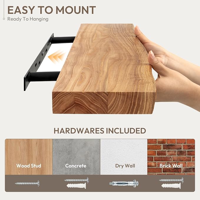 Marsmiles 72 inch Floating Shelves for Wall Elm Wood Live Edge Shelves Wall Mounted|Rustic Long Floating Shelves with Invisible Bracket for Bathroom Living Room Kitchen|Natural, 1 Pack