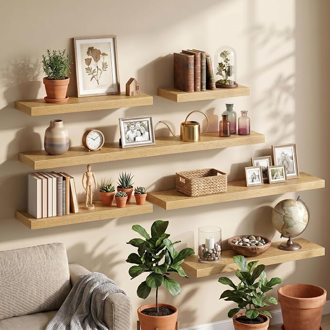 Fun Memories 55Inch Long Floating Shelves, 8 Inch Deep Shelves for Bedroom|Living Room, Wall Mounted Wood Hanging Shelf with Invisible Brackets for Fireplace Mantel Home Storage Decor, Oak - 2 Pack