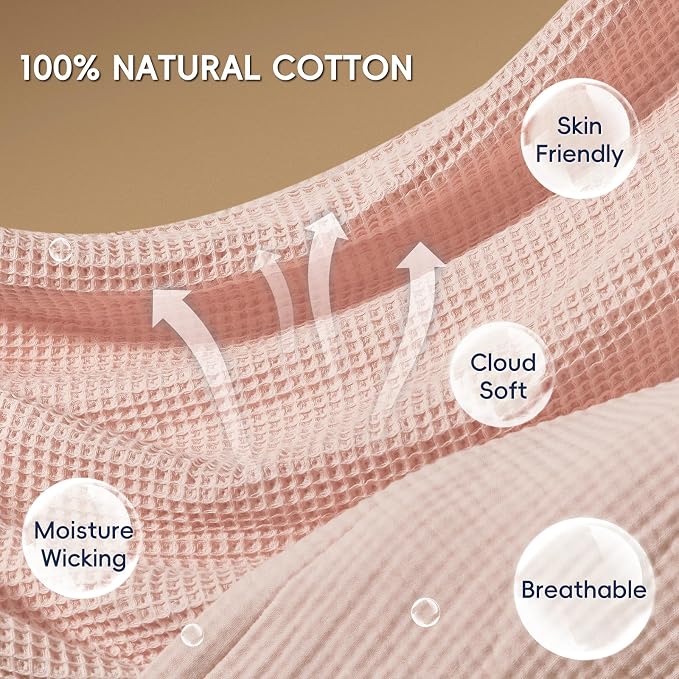 PHF 100% Cotton Waffle & Muslin Throw Blanket Large, Soft Breathable Luxury 400GSM Versatile Reversible Bedding for Couch, Great for Layering in Cold Weather, Home Decor Gift, 50" x 70", Rose Smoke
