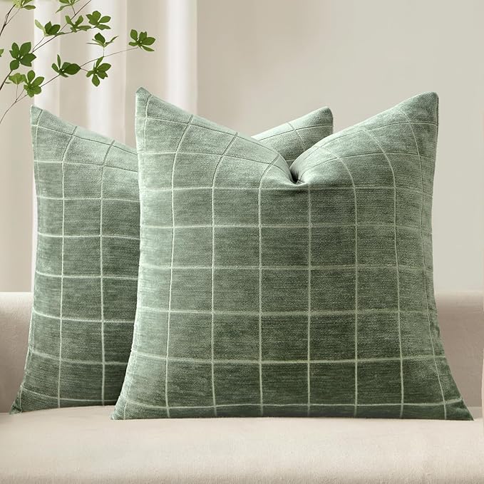 MIULEE Decorative Chenille Check Throw Pillow Covers Vintage Plaid Couch Pillows 18x18 Inch Set of 2 Neutral Boho Farmhouse Cushion Covers Modern Spring Home Decor for Sofa Bed Living Room Sage