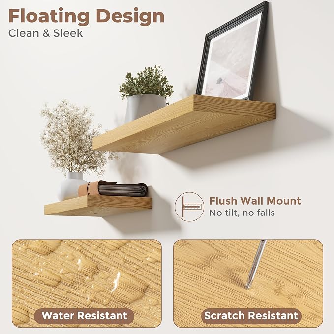 48 Inch Floating Shelves for Wall Set of 2, 8"D Wood Grain Bathroom Shelves with Invisible Brackets, Easy Install Engineered Wood Storage Shelves for Kitchen, Living Room, Bedroom, Oak Finish