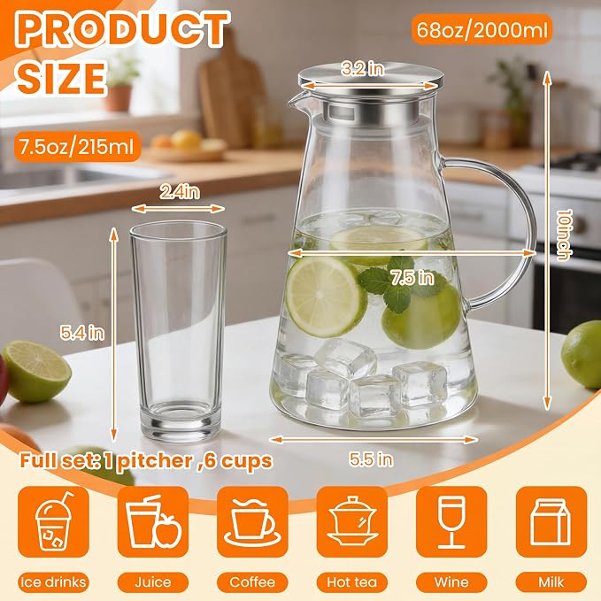 LemonRoad 7 Pcs Glasses Pitcher Drinkware Set 68oz/2000ml Pitcher Carafe and 6 Tall Drinking Beverage Set, Jug with Lid and Spout for Juice, Iced Tea or Water