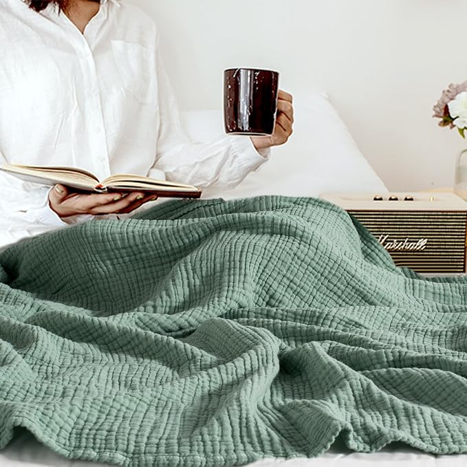 Carriediosa 100% Cotton Muslin Throw Blanket 108" X 90" King Size，4-Layers Summer Gauze Throws for Bed Couch，Soft Lightweight Breathable Linen Blankets Bedspread for Adults All Season，Sage Green