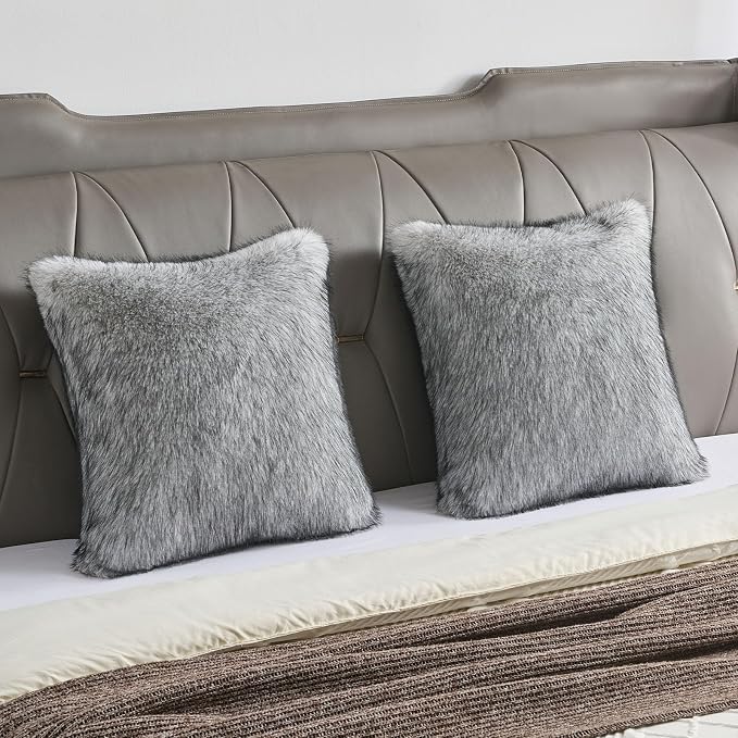 FUTEI Pack of 2 Faux Raccoon Fur Plush Throw Pillow Covers 18x18 Inch Soft Fluffy Farmhouse Decorative Cushion Case Modern Luxury Accent for Couch Bed Living Room, Black White