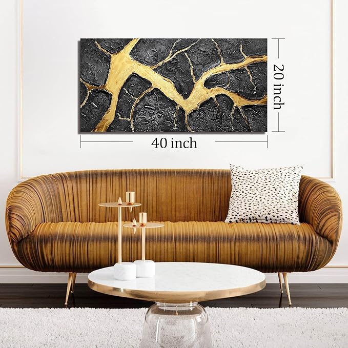 DNIEOTU Abstract Wall Art for Living Room, Black and Gold Hand-Painted Canvas Wall-Decor for Bedroom, 3D Textured Paintings, Size 40 x 20 Inches
