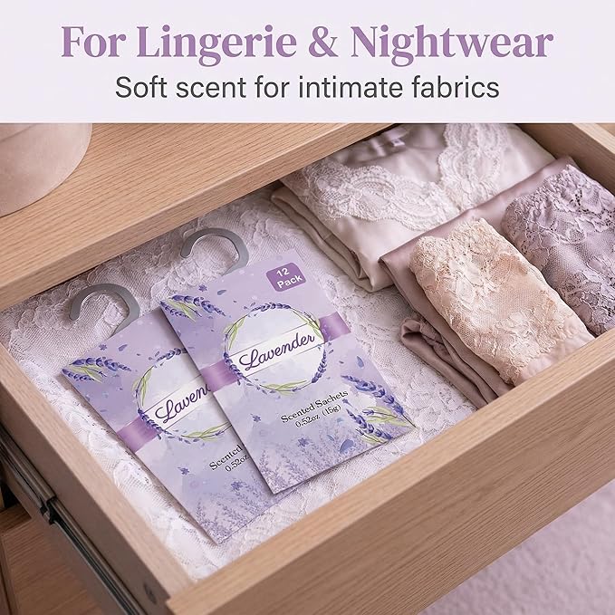 12 Packs Lavender Scented Sachets for Closets and Drawers - Natural Lavender Essential Oil Hanging Bags with Retractable Hook - Ideal for Lingerie, Silk Sheets, Bedding & Nightwear Care