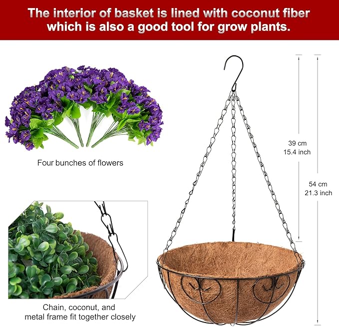 Ammyoo Artificial Hanging Flower Plants with Basket for Spring Summer Outdoor Decoration, Faux Petunias Flowers Fake Morning Glories Planter for Outside Patio Garden Porch Balcony Yard Decor(Purple)