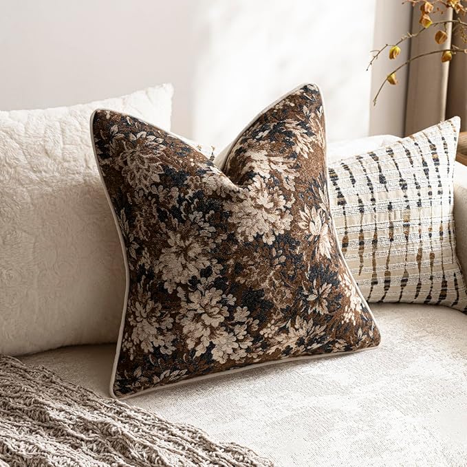 DEZENE Pack of 2 Vintage Floral Throw Pillow Covers 16x16 Boho Farmhouse Accents Chenille Square Decorative Pillow Cases for Living Room Couch Bed Home Decor, Dark Brown