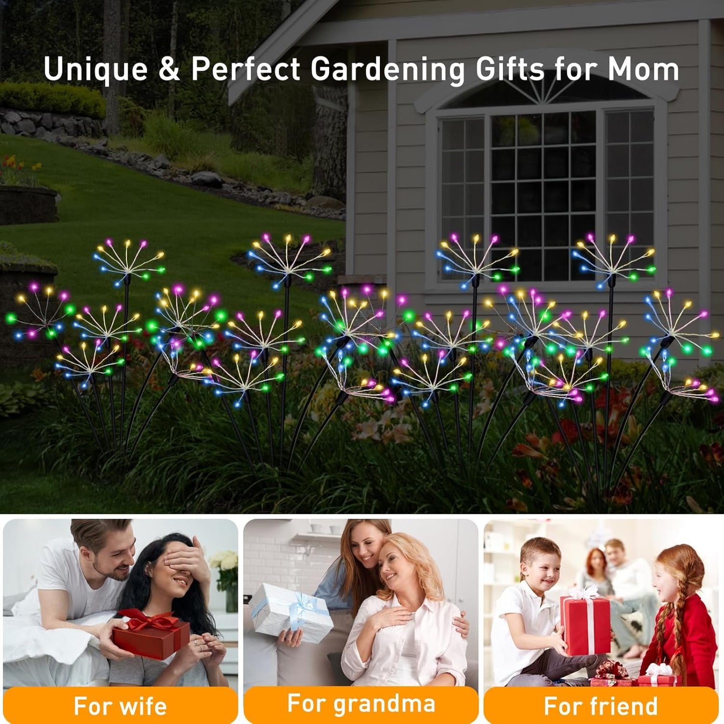 Kwaiffeo 4 Pack Solar-Powered Firework Fairy Lights, Solar Light Outdoor Waterproof Christmas & Garden Decor for Pathway/Patio/Yard - Gardening Gifts for Women (Multicolor)