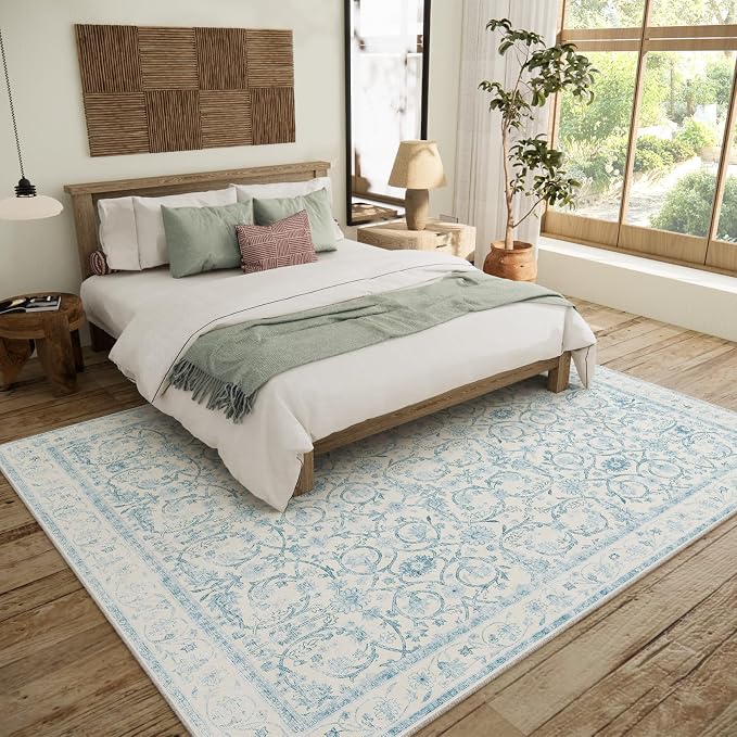Washable Rugs for Living Room: 8x10 Area Rugs for Bedroom Ultra Soft Non-Slip Low Pile Vintage Boho Large Carpet for High-Traffic Dining Room - Farmhouse Decor