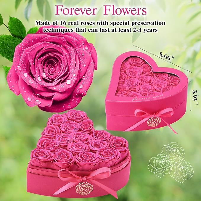 HERBMOTG 16 Forever Real Roses in Heart-Shaped Box with a Curved Design, Grade A Quality-Preserved Roses for Birthday, Mothers Day & Valentines Day (Magenta)