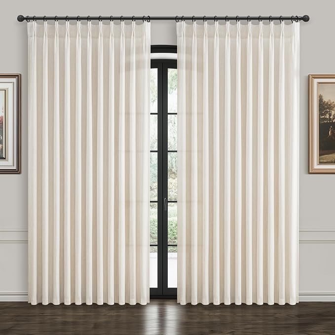 Birch Pinch Pleated Light Filtering 60 Inch Wide Bedroom Curtains 108 Inches Extra Long, Memory Trained Thick Natural Linen Privacy Semi Sheer Curtain Farmhouse 9 FT Length Windows Drapes 2 Panels Set