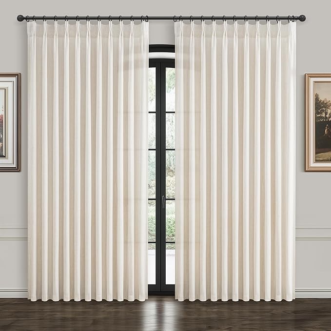 100 Inch Extra Wide Pinch Pleated Linen Sliding Door Curtains 102 Inches Long, Cream Beige Memory Trained Light Filtering Privacy Boho Sheer Curtain for Dining Room Large Windows Drapes 2 Panels Set