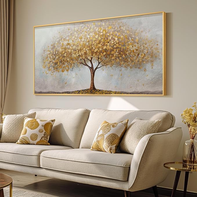 Gold Framed Tree of Life Wall Art, Large Modern Canvas Prints Paintings Artwork for Walls, Luxury Golden Big Tree Pictures for Living Room Bedroom Dining Room Fireplace Office Wall Decor, 48x24