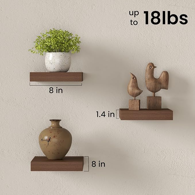 Fun Memories Small Floating Shelves for Wall - 8 Inch Square Wall Shelves with Invisible Brackets, Walnut Shelves for Bathroom, Living Room, Bedroom, and Kitchen Decor, Set of 3
