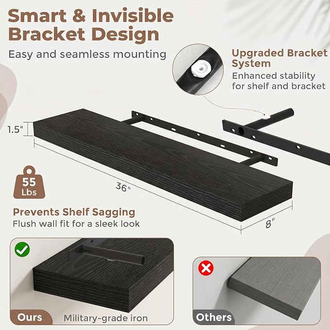 36 Inch Floating Shelves for Wall, 8"D Wood Storage Shelves, Black Finish | Engineered Wood, Invisible Bracket, Large Storage, Easy Install, Hold Up to 55lbs, Living Room, Bathroom, Bedroom, Kitchen