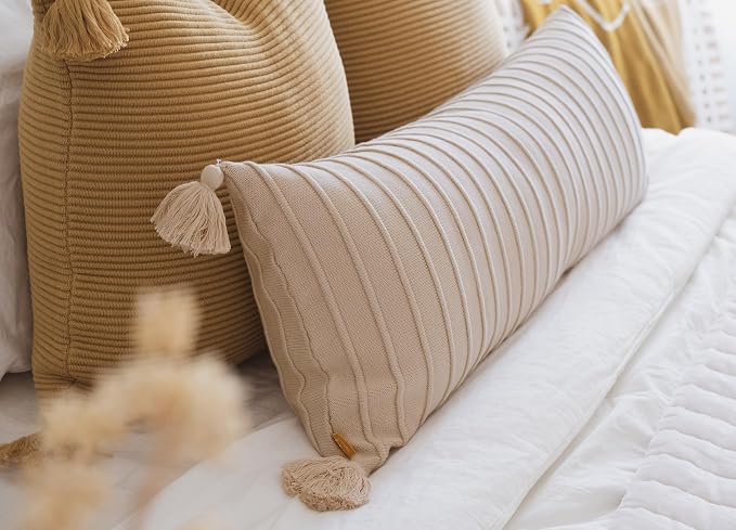 14x36 Cotton Knit Lumbar Pillow Cover – Ribbed Texture with Tassels, Decorative Accent for Bed or Sofa (Neutral)