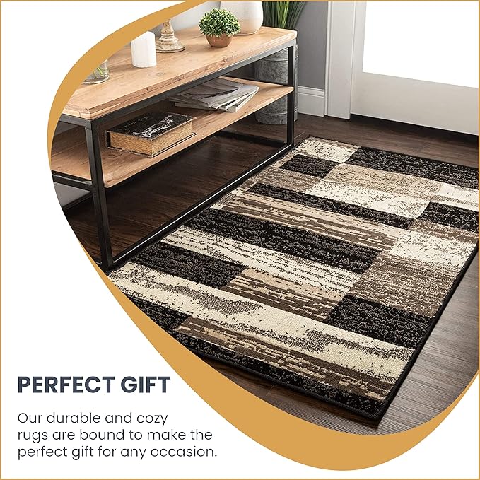 SUPERIOR Indoor Area Rug, Jute Backed, Modern Geometric Patchwork Floor Decor for Bedroom, Office, Living Room, Entryway, Hardwood Floors, Rockwood Collection, 6' x 9', Chocolate