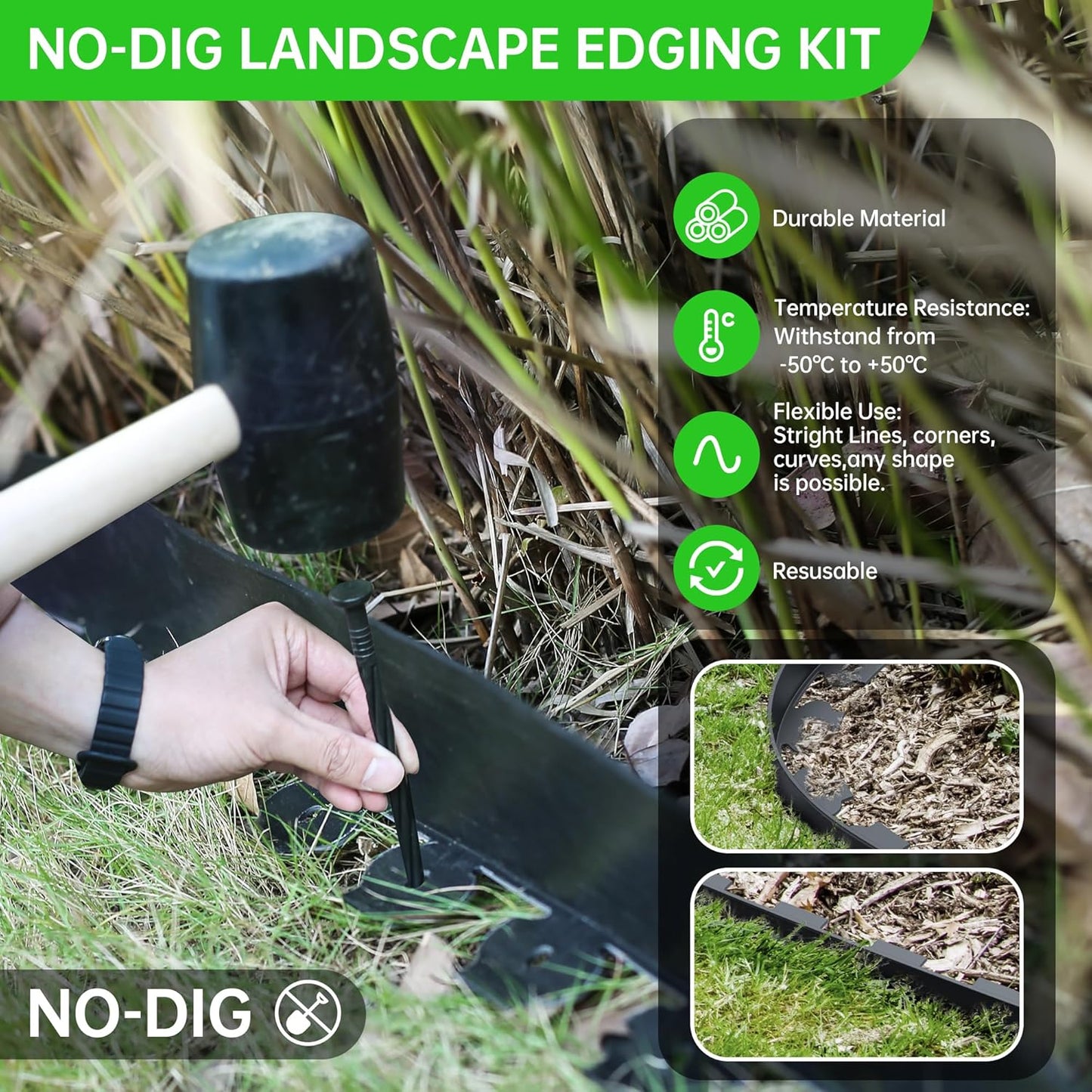 4" Tall 40ft No Dig Landscape Edging Border with 60PCS 8" Plastic Spikes & 4 PCS Connectors - Garden Lawn Edging Kit with a Shears for Landscaping, Lawn, Flower Beds and Yard