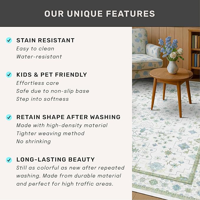 Hazo Haus Cream Oushak 6x8 Bedroom Rug - Boho Floral Cool Blue and Green, Washable Low Pile Non-Slip Ultra-Thin Large Area Rugs for Bed Room, Living Room