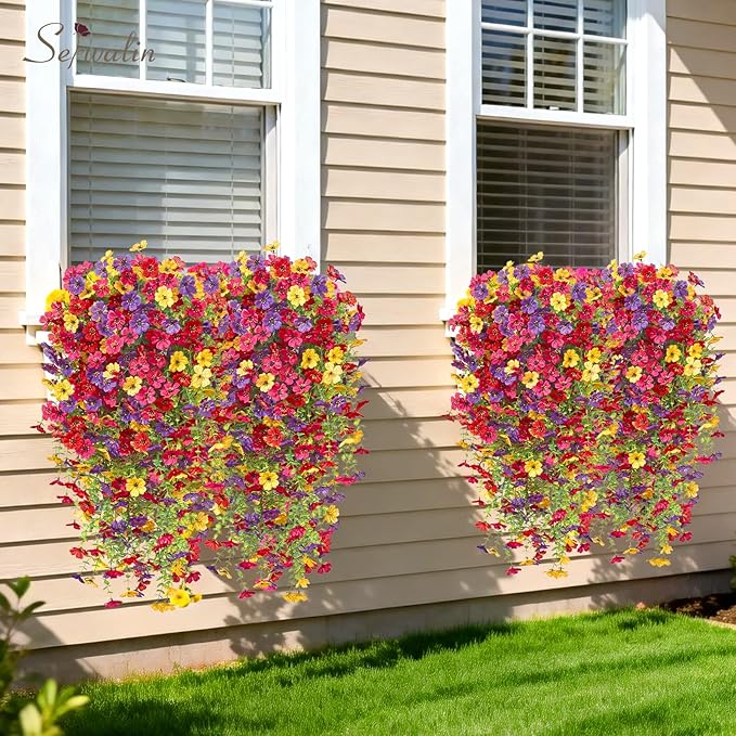 Serwalin 12PCS Artificial Hanging Flowers for Outdoors, UV Resistant Fake Hanging Plants, Realistic Weatherproof Outdoor Decor for Patio, Porch, Garden & Window (Spring Color,12PCS)