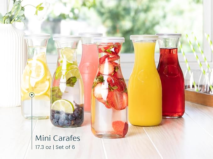 Glass Carafe Pitchers, by Kook, Mini Carafes- set of 6, Beverage Dispensers, Clear Jugs For Mimosas, Water, Wine, Milk and Juice, with Plastic Lids, Dishwasher Safe 17.3 oz