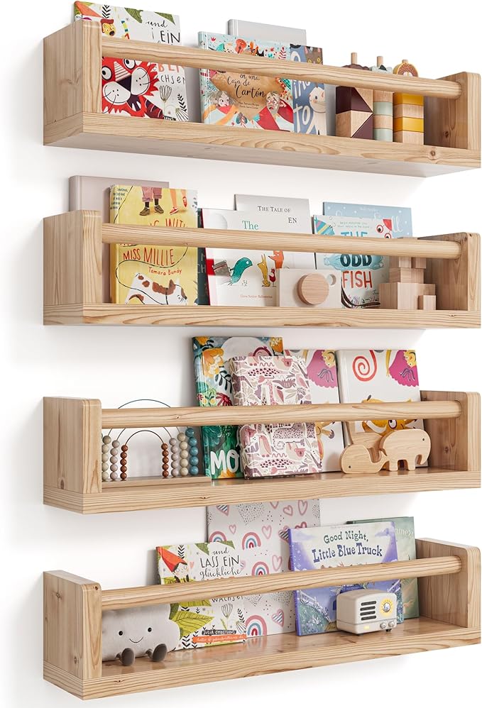 Seocry Nursery Book Shelves, 4 Pack, Wall Book Shelves for Kids Room, Baby, Toddler, Nursery Decor (Wood, 16.5 Inches)