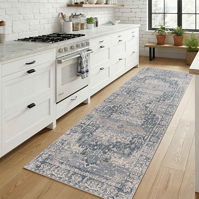 Rugxara 2x6 Runner Rug, Washable Kitchen Rugs, Blue Boho Vintage Floral Hallway Runner, Non Slip Low Pile Area Rug Carpet for Indoor Hallway, Kitchen, Laundry Room and Bathroom(Blue 2x6ft)