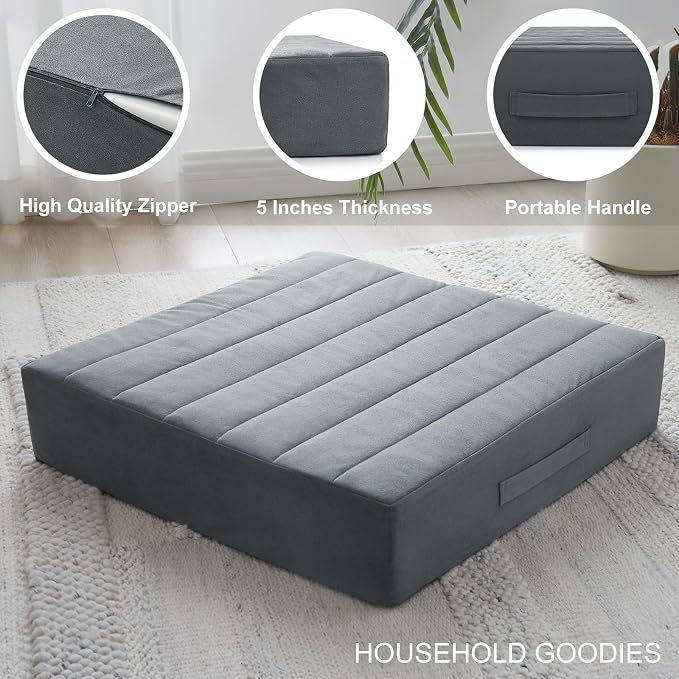 JKMAX 2 Pcs High Density Foam Floor Pillow - Upgraded Large Pillows Seating for Adults - Outdoor Floor Cushion with Soft Tufted Cover - Yoga Pillows for Sitting On Floor - 22 Inch Grey