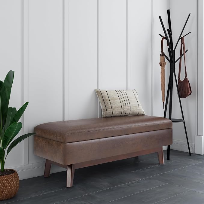 SIMPLIHOME Owen Rectangular Storage Ottoman - 48 inch Wide Upholstered Vegan Leather Lift-Top Ottoman in Distressed Chestnut Brown, Mid-Century Modern Ottoman for Living Room with Tufted Detail
