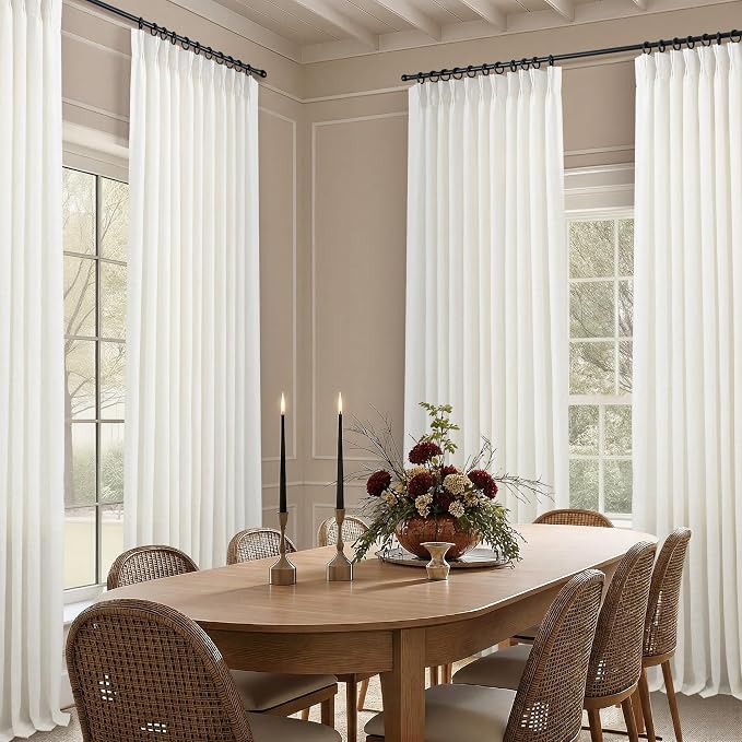 Ivory Cream Extra Wide Pinch Pleated Linen Curtains 96 Inches Long 70 Inch Wide Curtain for Patio Sliding Door Modern Farmhouse Semi Sheer Privacy Back Tab Pleat Drapes for Living Room 2 Panels 70x96