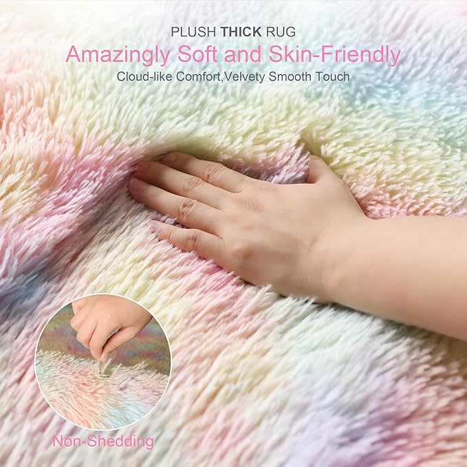 KICHOWUA Thick Area Rug 6x9 Unicorn Fluffy Shag for Girls Bedroom Living Room, Rainbow Soft Plush Fuzzy Washable Thickened Non-Slip Shaggy Pastel Large Carpet for Princess Kids Nursery Boys Dorm Room