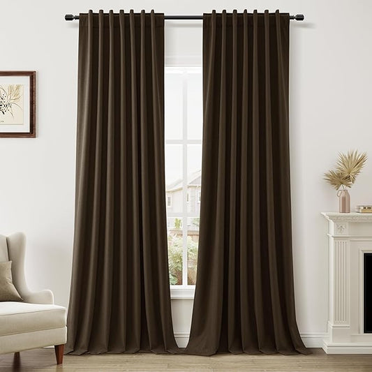Guken 100% Blackout Curtains 90 Inch Length 2 Panels Set for Living Room Bedroom Back Tab Thermal Insulated Black Out Linen Drapes Room Darkening Chocolate,52x90