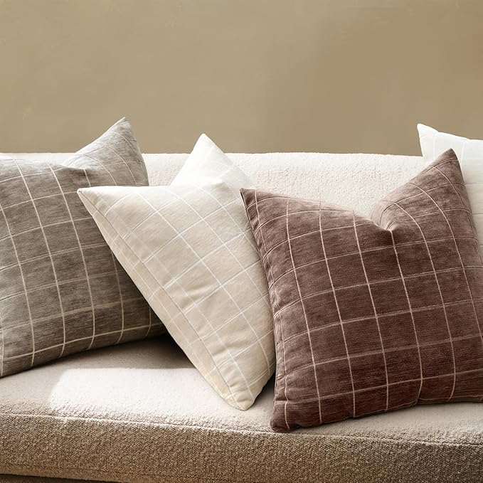 MIULEE Decorative Chenille Check Throw Pillow Covers Vintage Plaid Couch Pillows 18x18 Inch Set of 2 Neutral Boho Farmhouse Cushion Covers Modern Home Decor for Sofa Bed Living Room Reddish Brown
