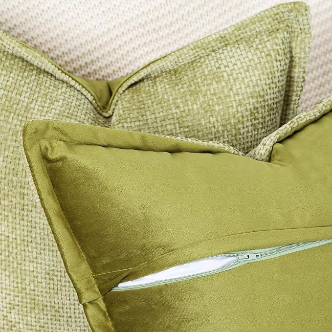 MADIZZ Decorative Chenille Velvet Throw Pillow Covers Set of 2 Soft Boho Textured Neutral Couch Throw Pillow for Bed Modern Farmhouse Home Decor for Sofa Livingroom Light Green 16x16 Inch
