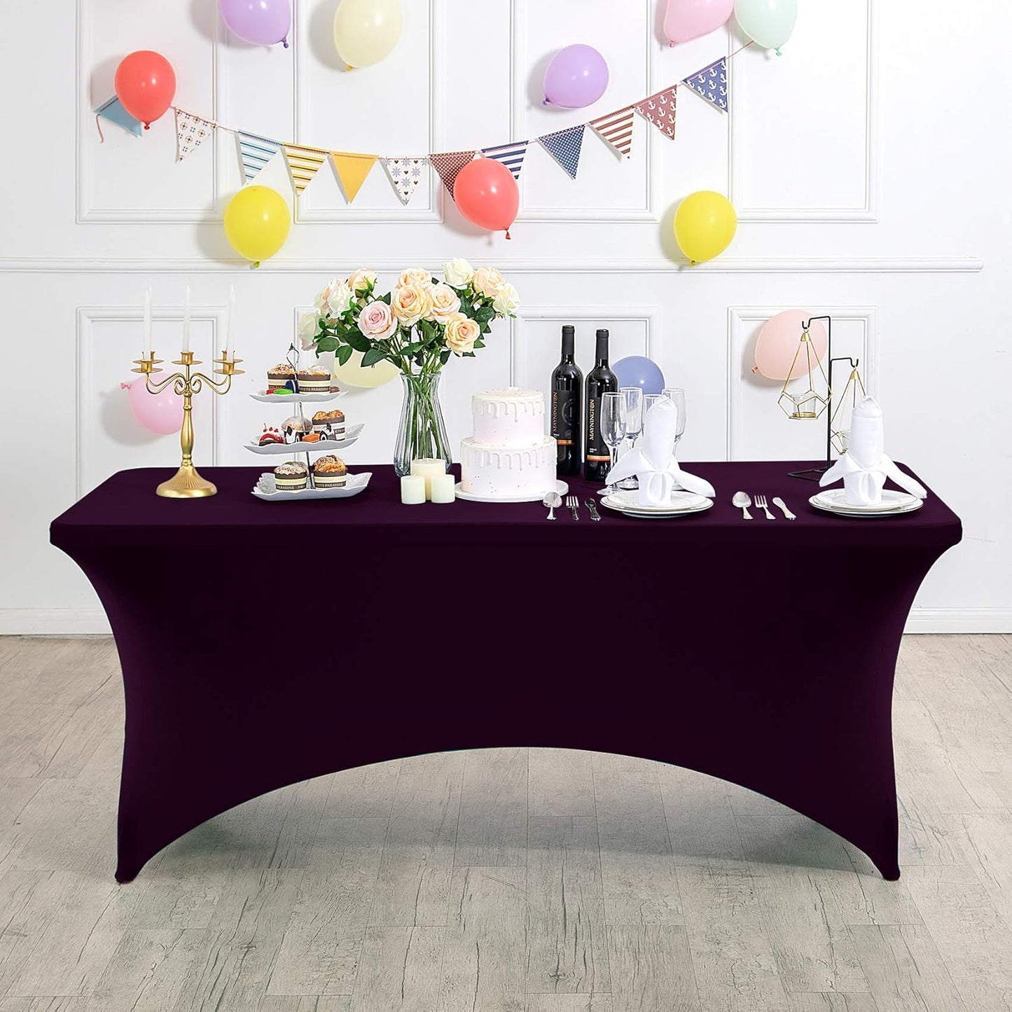 2Pack Spandex Table Cover for 6Ft or 4fT or 8ft Table Universal Fitted Stretch Tablecloth for Party, Banquet, Wedding and Events-Eggplant