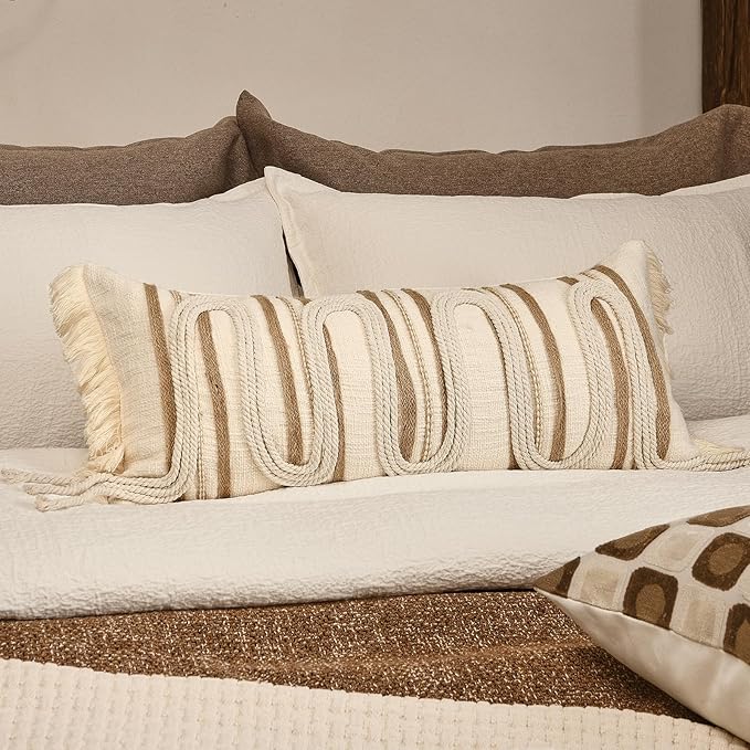 Decorative Lumbar Pillow Cover 12x28, Handwoven Boho Long Body Pillow for Bed Farmhouse Lumbar Throw Pillow, Cotton Linen Tassel Cushion Case for Sofa, Living Room, Bedroom(Beige)