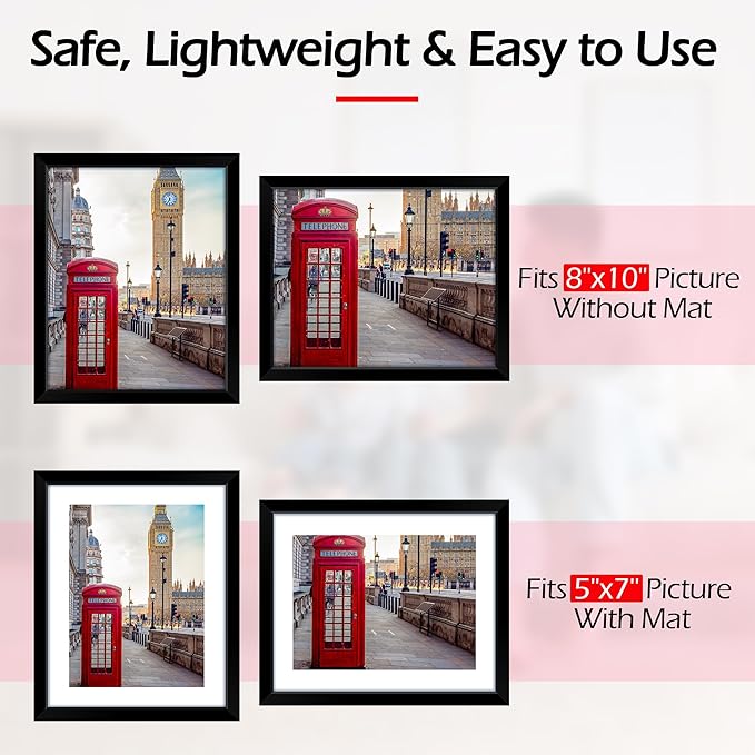8x10 Picture Frame Set of 8, Black Photo Frames for Tabletop or Wall Display, Fits Pictures 5x7 with Mat or 8x10 Without Mat, Frame Collage with HD Plexiglass for Gallery Home Wall Decor