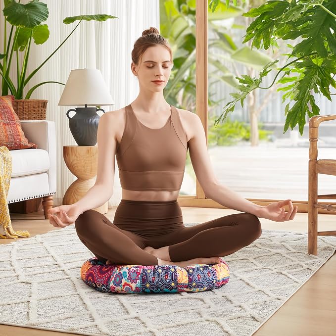Codi Meditation Floor Pillow, Boho Pillows Seating for Adults and Teens, Large Round Cushion for Yoga Living Room Tatami Sitting, Memory Foam Added, 22x22 Inch, Multi Patchwork