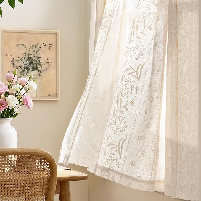 jinchan Winslow Linen Kitchen Curtains 24 Inch Length Small Window Curtains Embroidered Bordered Floral Drapes Light Filtering for Bathroom Laundry Room Farmhouse Decor White on Beige 2 Panels