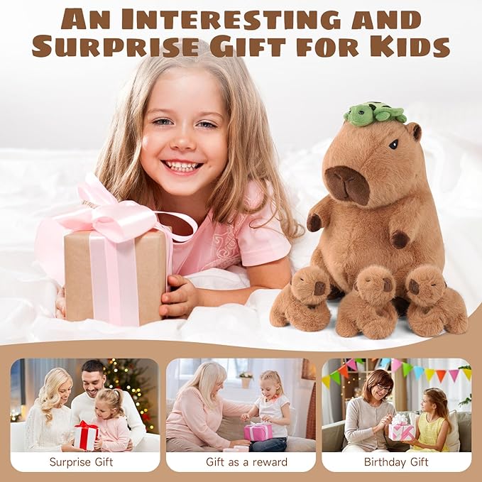 5 in 1 Capybara Plush, 12.8" Mommy Capybara Stuffed Animal with 3 Babies Capibaras Peluches Inside, Cute Stuffed Capybara Toys Pillow Plushies for Kids Christmas Birthday Gifts