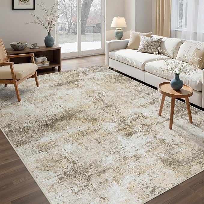Washable Rug 6x9 Area Rugs: Soft Large Living Room Rug with Anti-Slip Backing Non-Shedding Stain-Resistant Modern Abstract Carpet for Bedroom Dining Room Nursery Home Office Beige Grey
