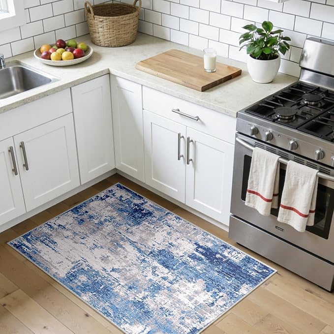 RELEANY Washable Area Rugs 3x4 Non-Slip Modern Abstract Soft for Living Room Entryway Bedroom Nursery, Print Pattern, Blue Grey Navy Gray