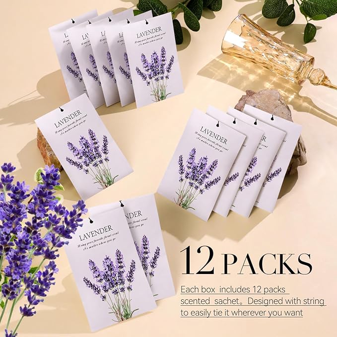 Lavender Scented Sachet Bags - 12 Pack Drawer & Closet Freshener, Long Lasting Odor Eliminator for Wardrobes, Cars & Storage, Home Fragrance Air Freshener Sachets
