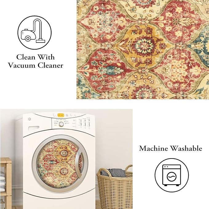 Lahome Moroccan Trellis Washable Round Area Rug, Round Rug 5ft Soft Non-Slip, Non-Shedding Distressed Circle Carpet for Bedroom Living Room Bathroom Nursery Kitchen Elise, Red/Orange