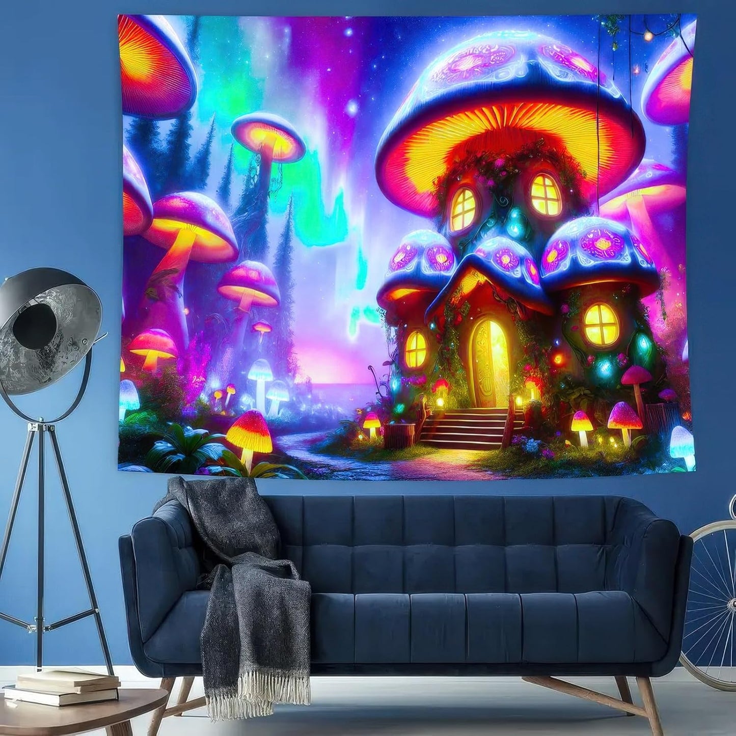 BlissYard Black Light Tapestry Uv Reactive Tapestry Glow Tapestry 78x59 Inches Enchanted Mushroom Village Wall Hanging, Fluorescent Art Decor with Glowing Mushrooms, Forest, and Fantasy Elements